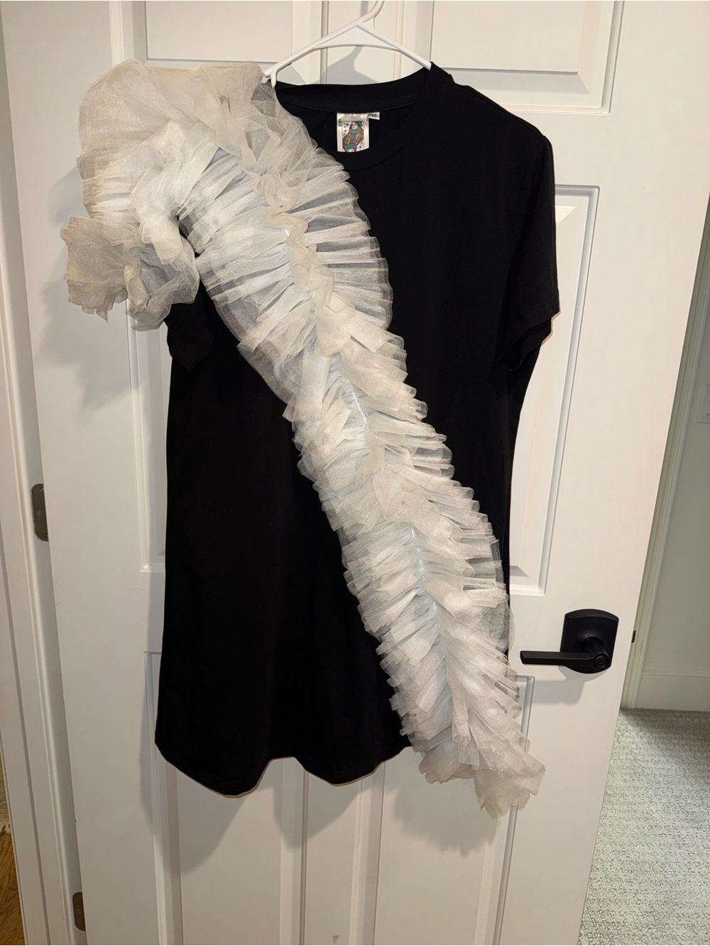 QUEEN OF SPARKLES Black Dress with White Tulle Ruffle Sash